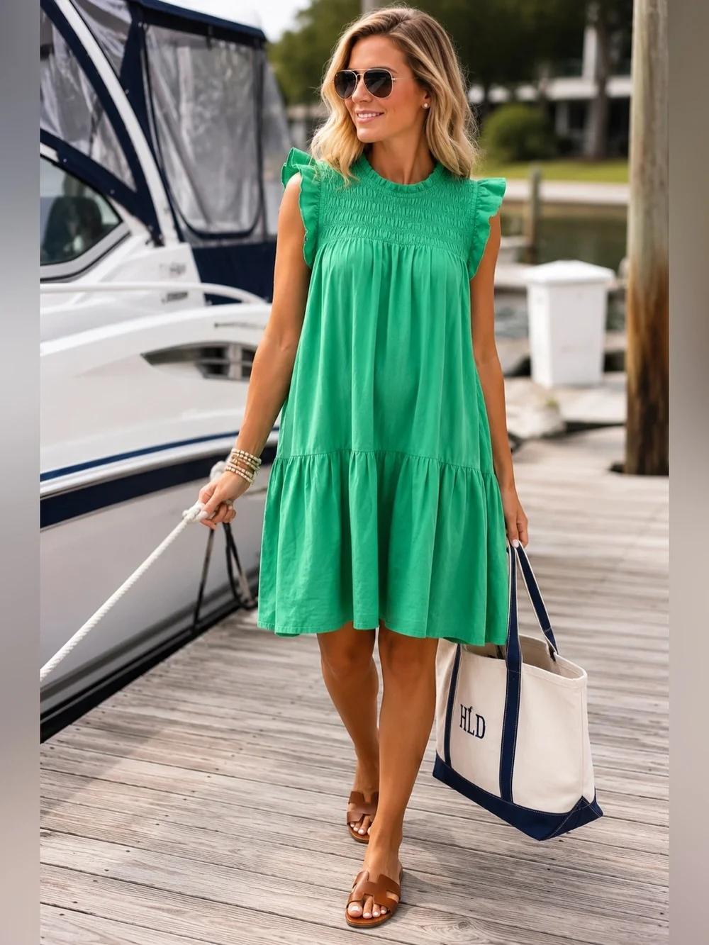 vestique Preppy Green Smocked Ruffle Neck Sundress-00A - Picture 2 of 6